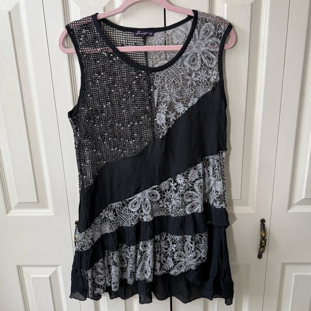 Firmianalily Mixed Media Layered Sheer Sleeveless Tunic Coverup Womens Size L